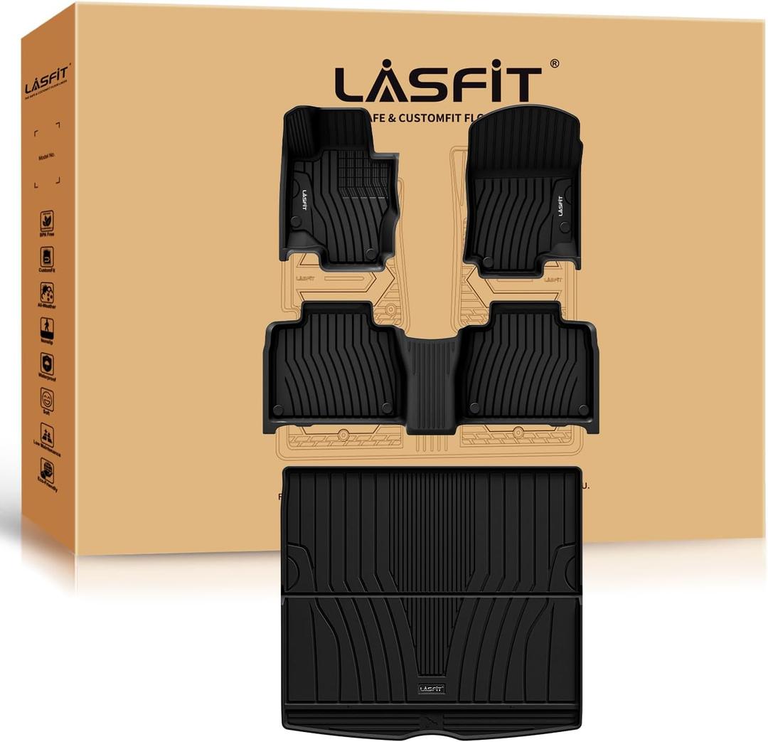 LASFIT Floor Mats & Cargo Mat for Mercedes Benz GLE SUV 2020-2026 350/450/ 53 AMG (Not Fit Coupe; Fit 5 Seats), All Weather TPE Anti-Slip Car Mats Custom Fit for GLE 1st & 2nd Row Set & Trunk Mat