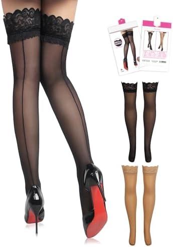 comeondear Black Sexy Sheer Thigh High with Seam Plus Size Overknees Nylon Stockings with Silicone Strap for Women comeondear Black Sexy Sheer Thigh High with Seam Plus Size Overknees Nylon Stockings with Silicone Strap for Women