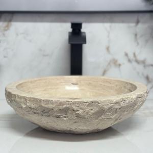 Shades of Nature Round Bowl Travertine Vessel Sink, Natural Stone Wash Basin, Hand-Carved Bathroom Sink, Chiseled Exterior, Polished Interior, Above Counter Vanity (Soap Tray Included)