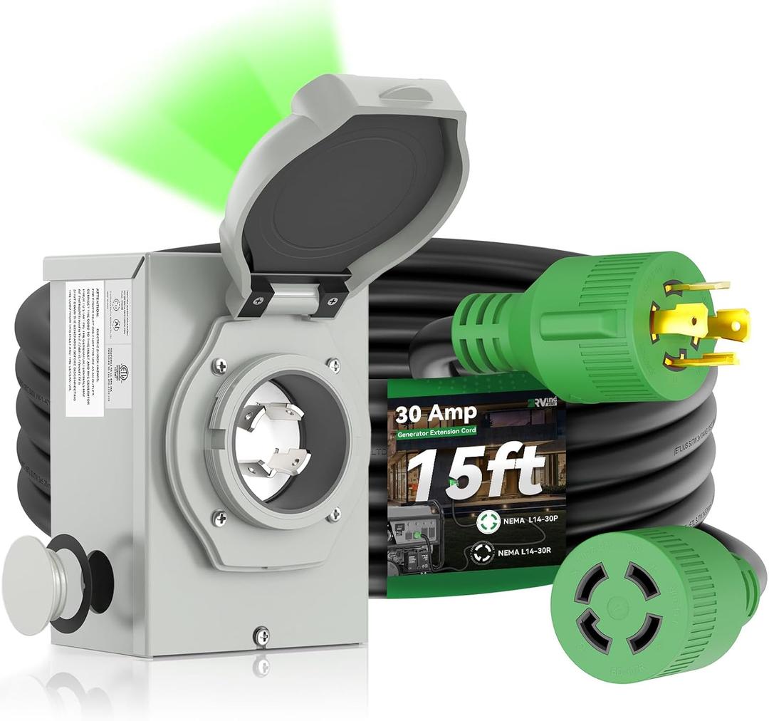 RVINGPRO 30 Amp Generator Cord 15FT and Power Inlet Box, Pre-Drilled 30 Amp Generator Inlet Box with Cord, NEMA L14-30P to L14-30R Generator Cord Waterproof Combo Kit, ETL Listed