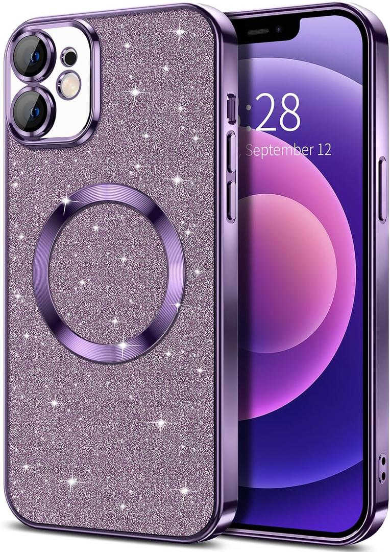 Hython for iPhone 12 Case Glitter, Clear Magnetic Phone Cases with Camera Lens Protector [Compatible with MagSafe] Bling Sparkle Plating Soft TPU Slim Shockproof Protective Cover Women Girls, Purple