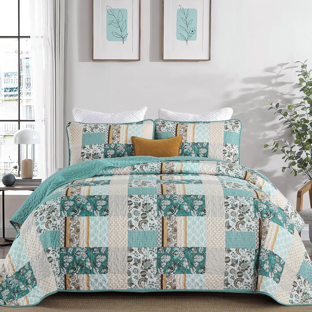 WONGS BEDDING Summer Quilt Set Queen Size 3 Pieces, Teal Patchwork Plaid Bedspread Coverlet Set, Floral Soft Lightweight Microfiber Bedding Set for All Season(96"90)