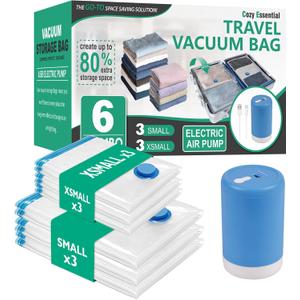 Cozy Essential Travel Vacuum Bags with Electric Pump, 6 Pack Vacuum Travel Bags for Luggage and Suitcase, Vacuum Seal Space Saver Compression for Clothes Clothing