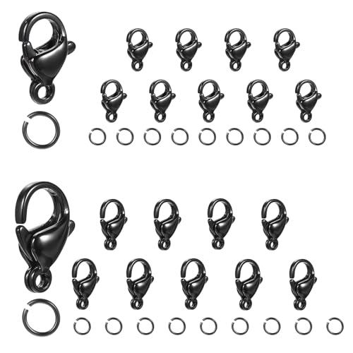 Giantree 40Pcs Lobster Claw Clasps, Black Lobster Clasps with Jump Ring, Stainless Steel Clasps Fastener Hook End Chain Clasp Metal Jewelry Clasps for DIY Bracelet Necklace Jewelry Making