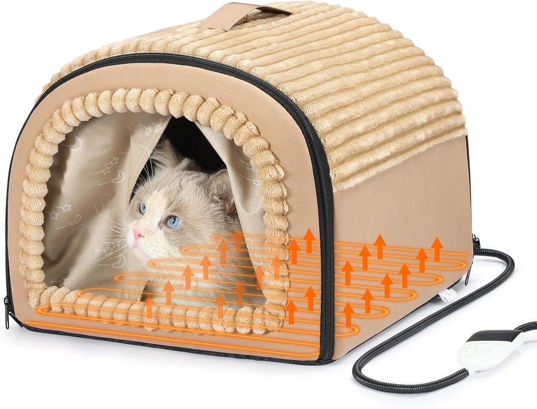 Smart Heated Cat Bed Cave Pet House for Indoor Cats & Small Dogs, Washable & Foldable with Removable Cushion, 17.72x14.96x12.6 inches, Brown