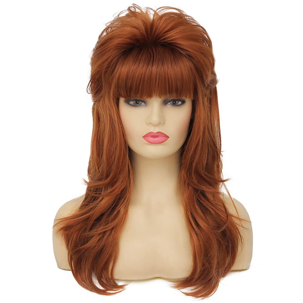 80s Women Brown Mullet Wig Long Wavy Ginger Bouffant Synthetic Hair wigs for Married Housewife Vintage Costume or Halloween Party