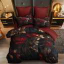 Queen Size Comforter Set - 3 Pieces Red Roses Pattern Vintage Floral Bedding for Adult Women Black Flower Decor Comforter Set with 2 Pillowcases/90 * 90