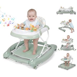 5 in 1 Baby Walker, Music and Lights Foldable Baby Walker with Wheels, 3 Adjustable Heights, with Bouncer Combo, Rocker, Activity Walker for Baby Boy and Girl 6-18 Months (Green)