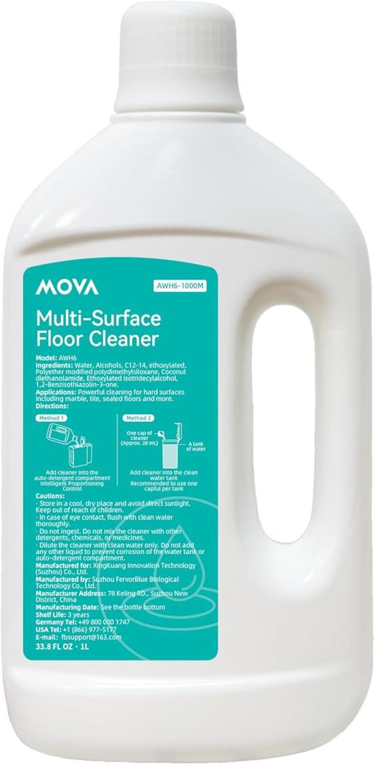 Mova Robot Vacuum Cleaning Solution Floor Cleaner for Hardwood, Tile, and Hard Floors, Compatible with Z60/Mobius60/V50/P50/P10 Pro Ultra Robot Vacuum (33.8FL OZ)
