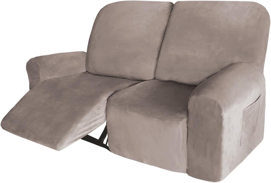 Velvet 6 Pieces Recliner Loveseat Cover with Pockets,2 Seat Love seat Recliner Cover for Living Room Extra Large Recliner with Console,Lazy-boy Recliner Covers for Leather,Taupe