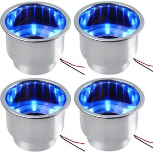 4PCS Boat Cup Holder, Stainless Steel Boat Cup Holder Insert, Blue Led Cup Holder Lights for Boat with Drain, 12V Waterproof Drink Holder, Night Mood Lighting Cup Holders for Marine, Boat, RV, Camper