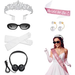 Princess Bachelorette Party Accessories Set  6 Pcs Bride Kit with Tiara, Sunglasses, Gloves, Sash, Earrings & Headset  Pink Bridal Shower & Costume Decorations for Women