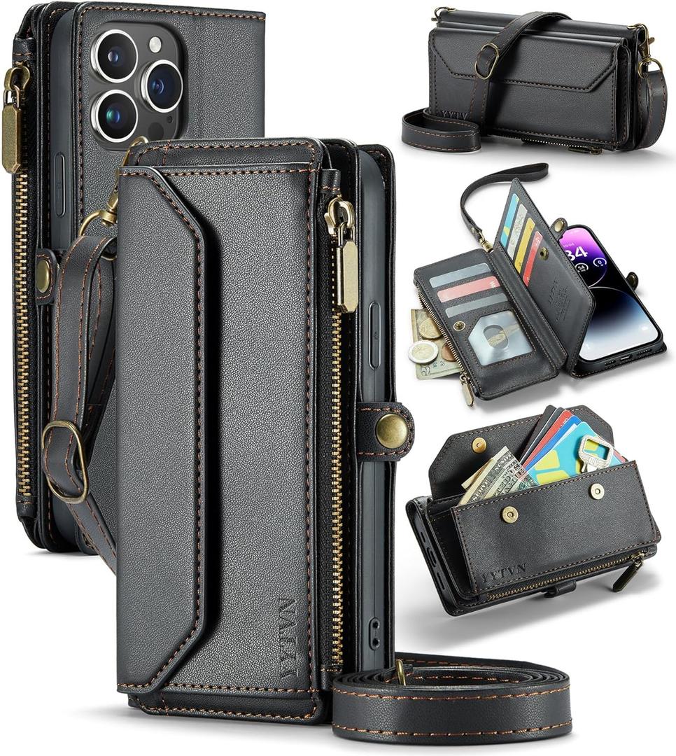 for iPhone 13 Pro Wallet Case with Zipper Card Holder & Crossbody Lanyard Strap & Wrist Strap, RFID Blocking PU Leather Magnetic Flip Handbag Wallet Case for iPhone 13 Pro -Black