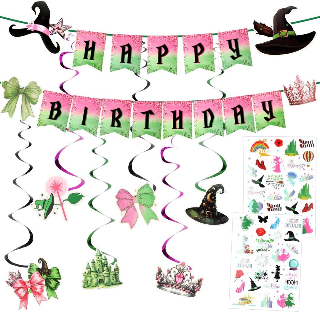 Witch Theme Birthday Party Decorations Set - Pink & Green Happy Birthday Banner, 6 Hanging Swirls, Witch-Themed Temporary Tattoos, Party Favors & Wizard Birthday Supplies for Girls