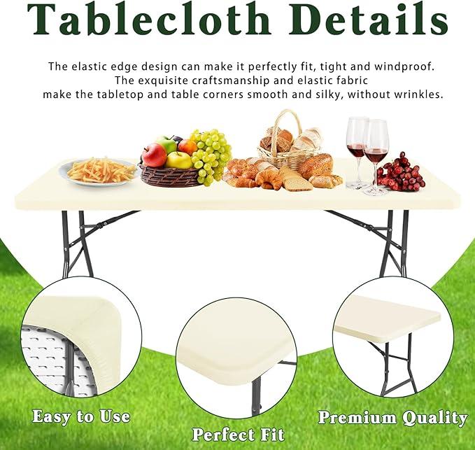 8 Foot Table Cover Fitted 10 Pack Picnic Elastic Tablecloth for Rectangle Tables Waterproof Stretch Washable Folding Indoor Outdoor Spandex Table Cloth for Parties Banquet Camping (Beige,30" x 96")