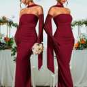 ChiaoLezhee Women's Bodycon Dress with Scarf & Gloves, Tube Ruched Slit Maxi Elegant Dress Set for Evening Party (Red, L)