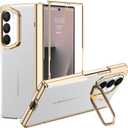 for Samsung Galaxy Z Fold 7 Case with Leather Back, Built-in Camera Kickstand, Electroplated Frame & Hinge Protection, Screen Protector, Thin & Slim Leather Stand Cover 5G 2025, White