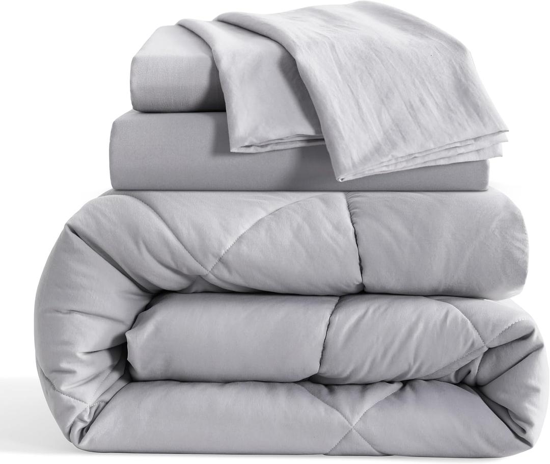 Twin Size Comforter Set, 5 Pieces Soft Bedding for All Seasons, Bed in A Bag, Kids Bedding Set with 1 Comforter, 1 Fitted Sheet, 1 Flat Sheet, 2 Pillowcases, Light Grey