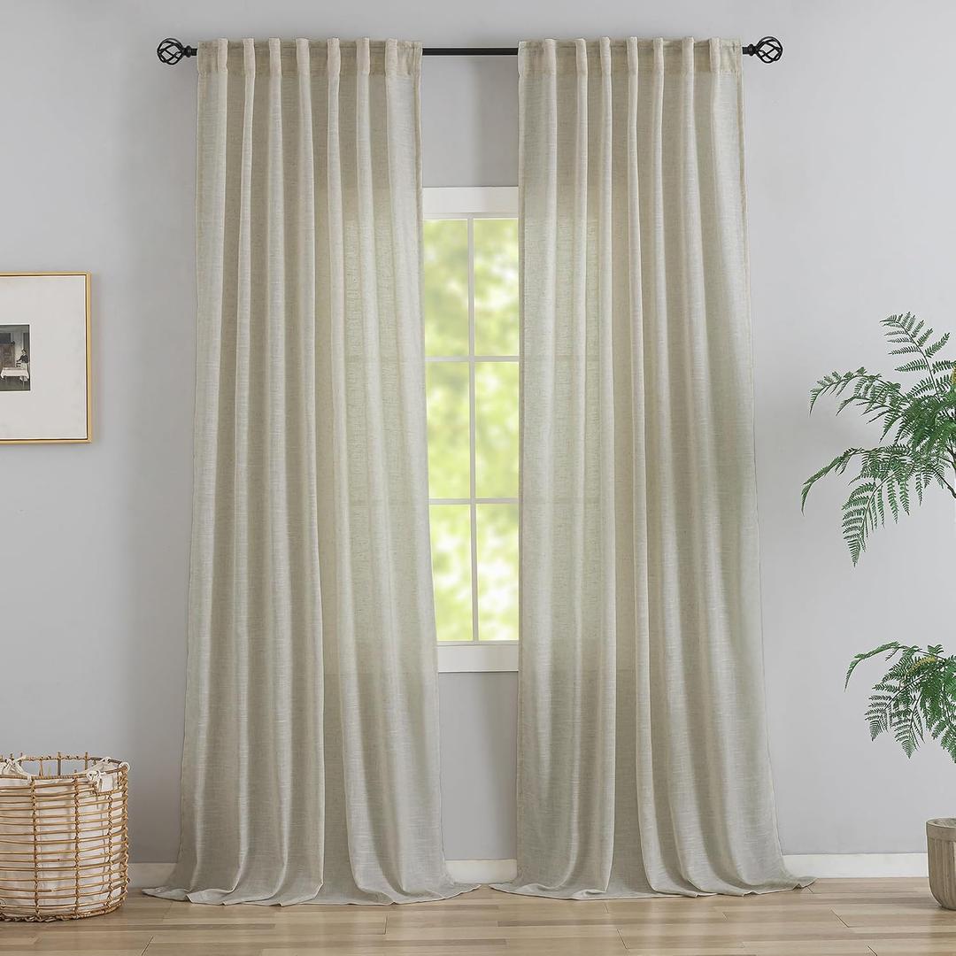 Back Tab Linen Curtains 96 Inches Long 2 Panels Country Farmhouse Curtains for Living Room,Hooks Belt Pinch Pleated Light Filtering Semi-Sheer Curtains for Patio Sliding Glass Door,8 FT Tall,Tan Beige