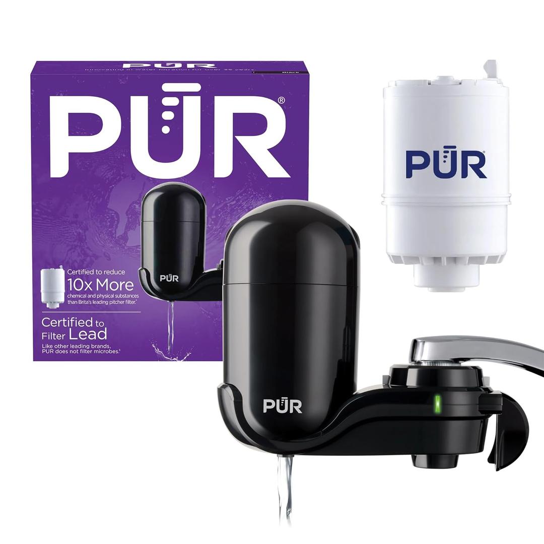 PUR Vertical Faucet Mount Water Filtration System with Lead Reducing Filter for Cleaner, Filtered Tap Water, Lasts 100 Gallons, Sink Water Filter, Fits Most Kitchen or Bathroom Faucets, Black
