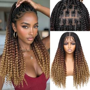 HANNE Braided Wigs for Black Women Double Full Lace Box Braided Wigs Synthetic Curly Glueless Braid Wig with Baby Hair 3D Curls Braided Wig 24 Inch (1B/30/27, Curly-24)