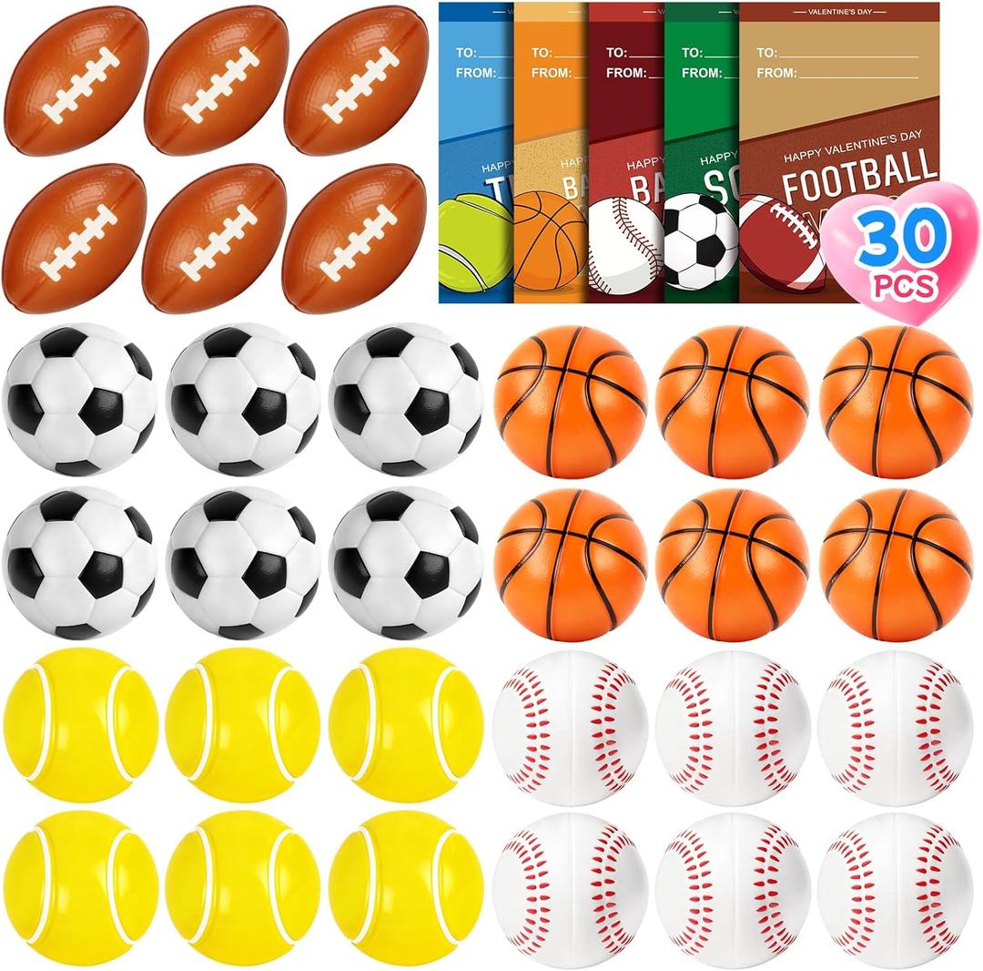 30 Pcs Valentines Day Gift Mini Sport Stress Balls Bulk with Cards for Kids Bouncy Ball Fidget Squeeze Toys Party Favors Goodie Bag Stuffers School Gifts Exchange Classroom Prizes for Boys and Girls