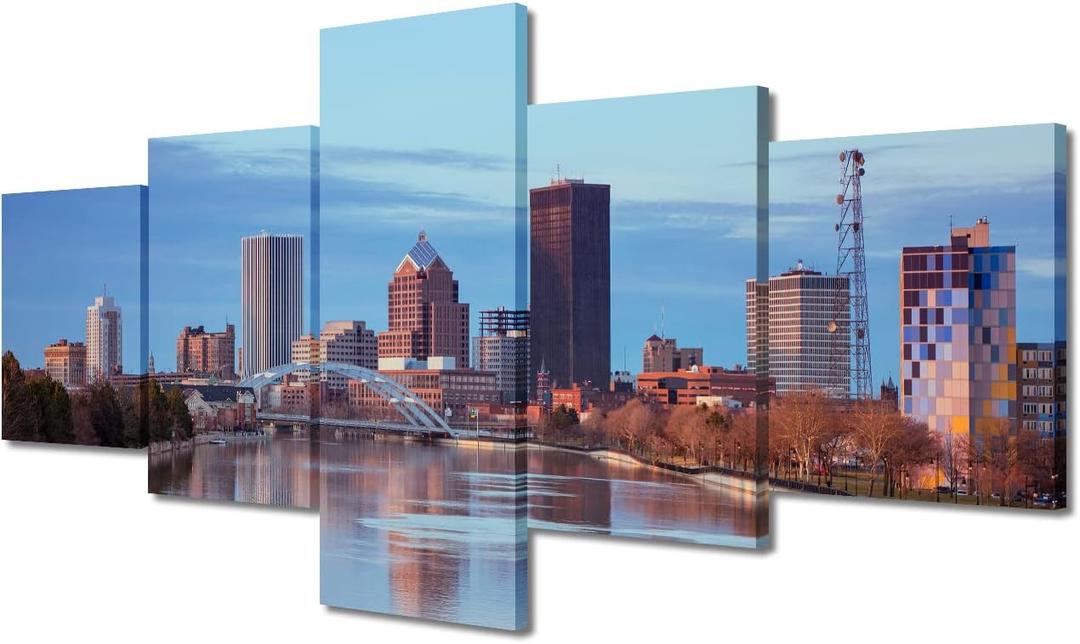 5 Pieces Canvas Art Wall Decor Rochester New York Skyline Bedroom Wall Art Pictures for Living Room USA Downtown Cityscape Wall Painting Modern Wall Art Stretched and Framed Ready to Hang 50"Wx24"H