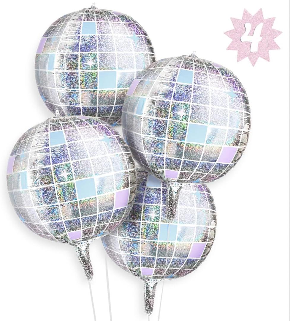 xo, Fetti Iridescent Disco Ball Foil Balloons - 4 pk, 22" | Last Disco Bachelorette Decorations, Groovy Birthday Party Supplies, 70s Baby Shower, NYE, Space Cowboy