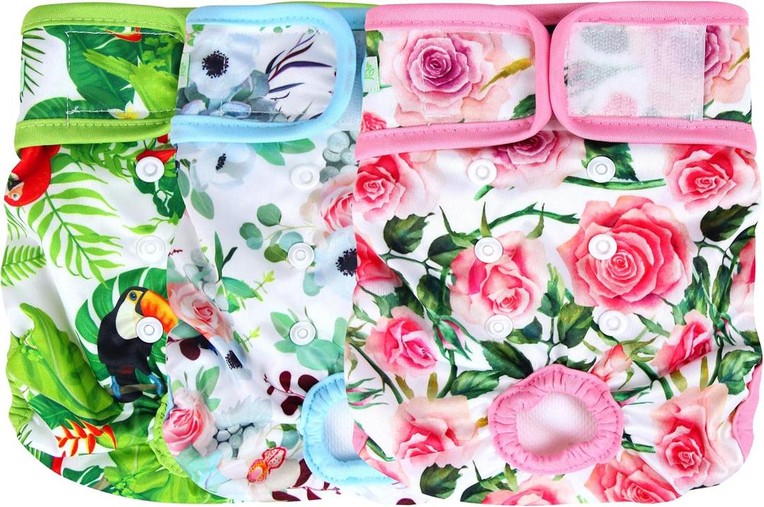wegreeco Luxury Washable Reusable Dog Diapers (Stylish Pattern) - Female Dog Diapers, Doggie Diapers, 3 Pack (Floral, Small) (Small (Newborn-10.5" Waist))