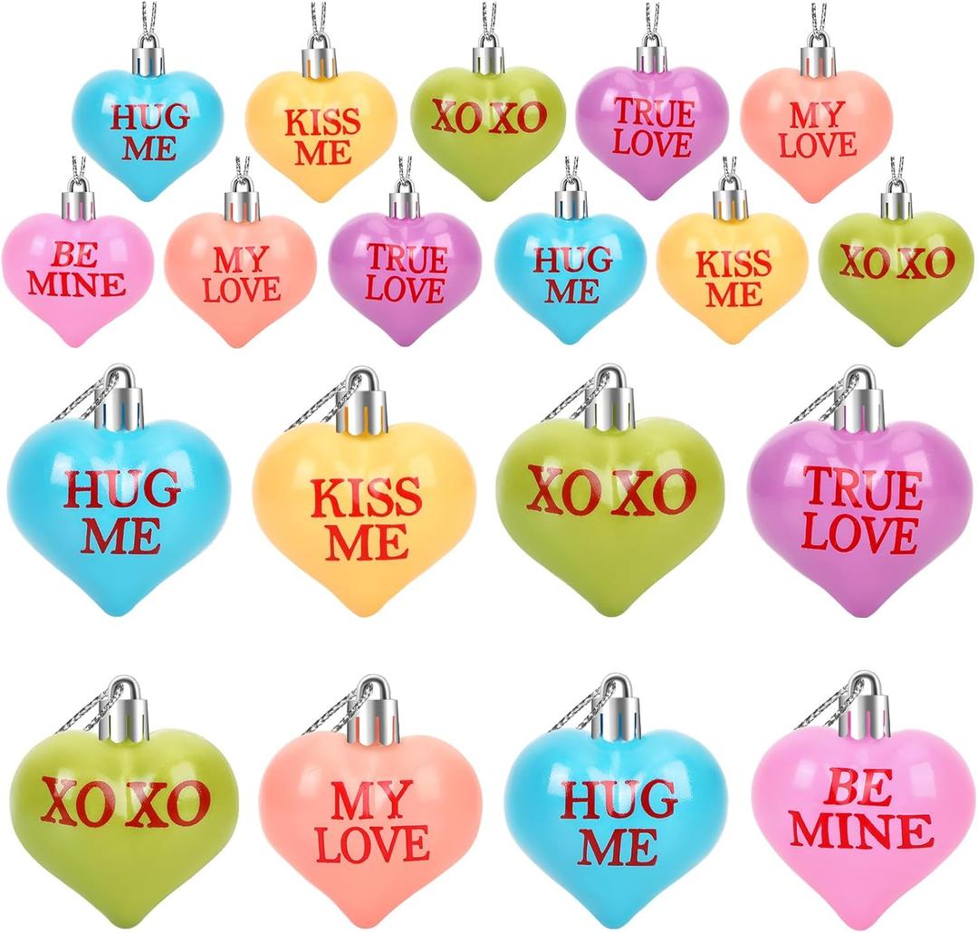 JULMELON Valentine's Day Conversation Hearts Candy Ornaments, 24 Pcs Colorful Heart Decorations for Tree Home Party Holiday Wedding and Party Decoration