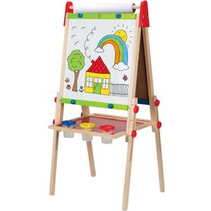 Hape E1010 Magnetic All in 1 Kids Height Adjustable Drawing Dry-Erase Chalkboard Wooden Artist Easel with 3 Paint Pots and Refillable Paper Roll, "L: 18.9, W: 15.9, H: 41.8 inch"