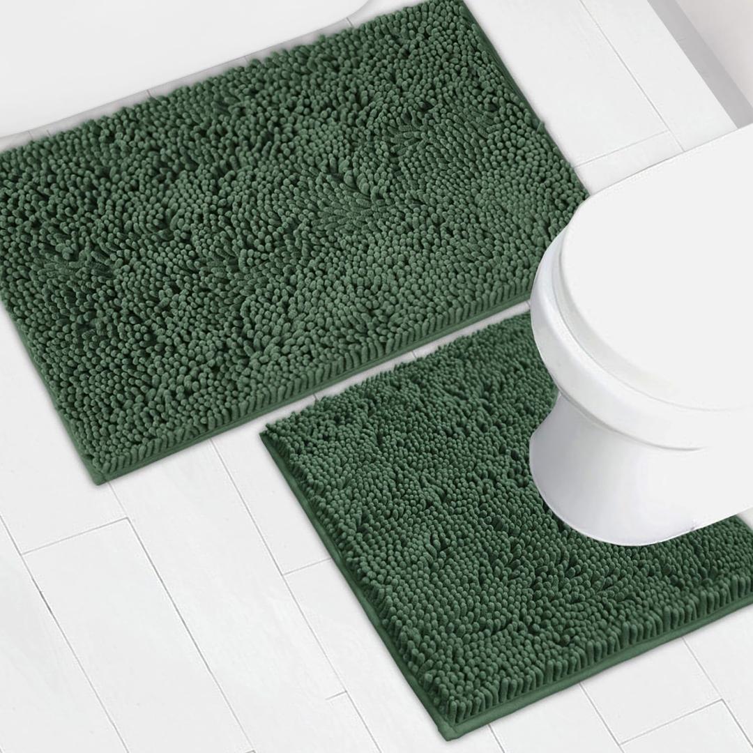 Bathroom Rugs Chenille Bath mat 2 Piece Set, Super Absorbent, Strong PVC Non Slip Backing, Bath mats for Bathroom, Plush Shaggy, Thick, Machine Washable, Bathtub, Toilet.(Bronze Green), 20''x20''U-Shape+20''32''