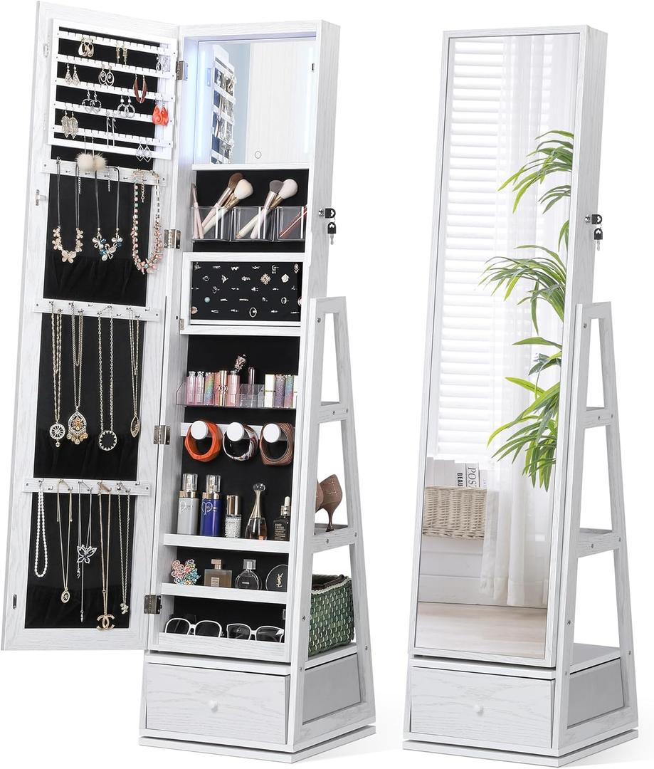Nicetree 360 Swivel Jewelry Cabinet with Lights, Touch Screen Vanity Mirror, Rotatable Full Length Mirror with Jewelry Storage, Standing Jewelry Armoire Organizer, Foldable Makeup Shelf, White