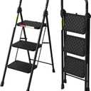 HBTower 3 Step Ladder, Folding Step Stool with Wide Anti-Slip Pedal, Step Stool Foldable with Cushioned Handle for Home and Kitchen, Black