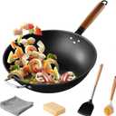 Tatiyana Wok Pan 13 Inch Carbon Steel Woks & Stir-fry Pans Nonstick,Pre-seasoned Chinese Wok Including Silicone Spatula and Cleaning Tools Compatible with All Cooktops