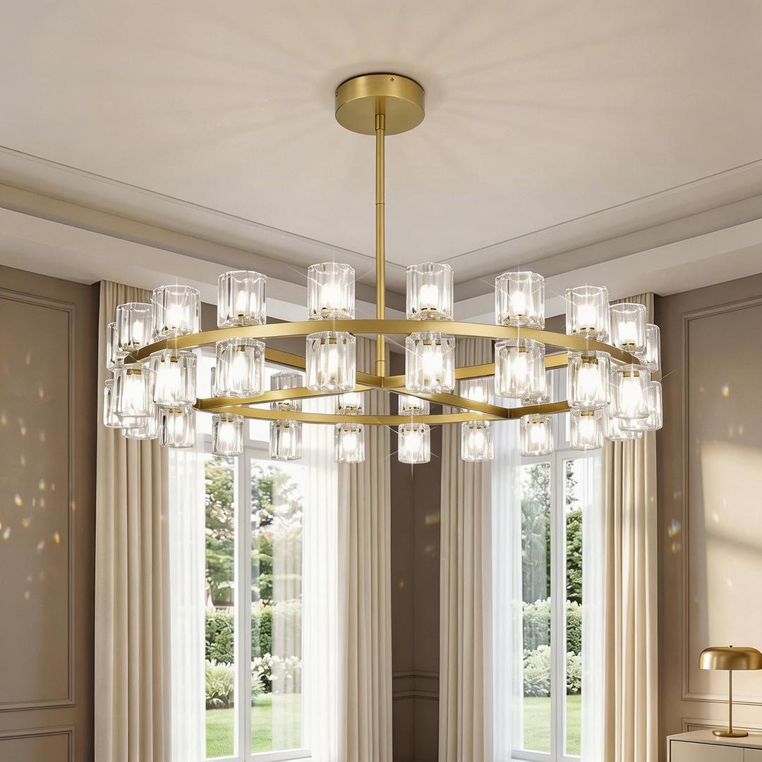 31.5 Inch Gold Wagon Wheel Chandelier, Modern Farmhouse Chandelier with K9 Crystal Chandelier Shade, for Dining Room Light Fixture, Kitchen Island, Entryway, Foyer