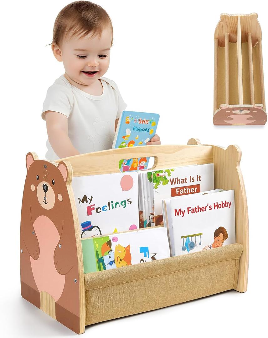 Toddler Bookshelf Double-Sided with 4 Tier Deep Sleeves Kids Wooden Montessori Book Rack for Baby Nursery Room, Playroom, Classroom or Bedroom Bookcase Storage Organizer, Brown Bear