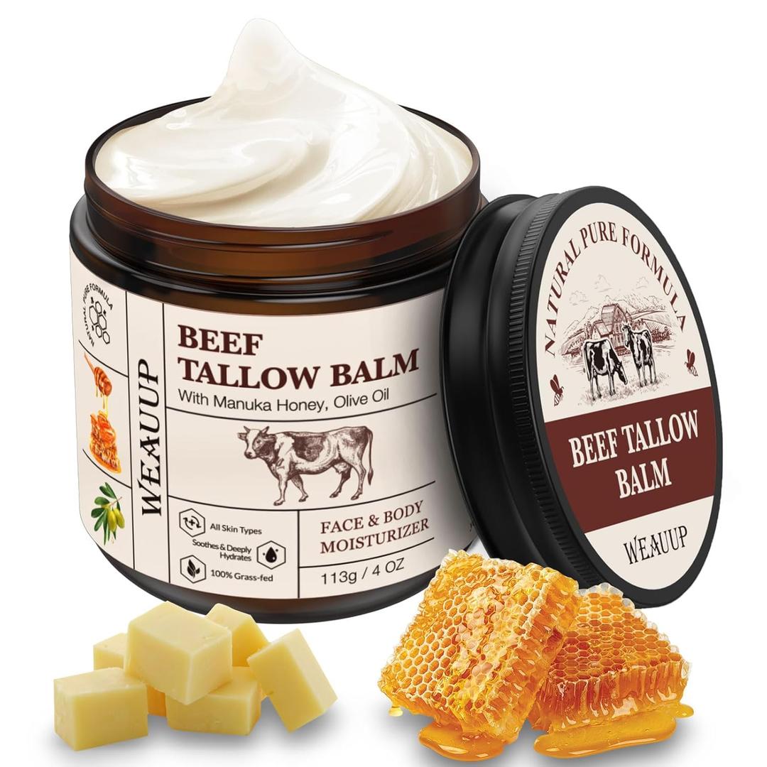 Beef Tallow for Skin, Organic Grass Fed Whipped Beef Tallow Balm, Tallow and Honey Balm with Raw Honey and Beeswax, Nourishing Moisturizer for Face & Body Natural Skin Care for Soft