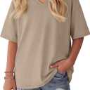 Oakgarden Girls' Shirts 5-14 Years Oversized Short Sleeve Summer T-Shirts V Neck Drop Shoulder Top Kids Casual Basic Cute Tee