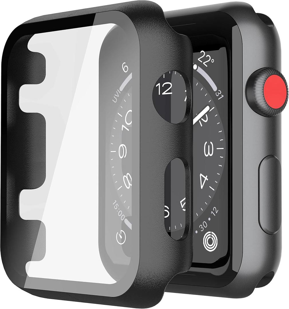 Misxi 2 Pack Hard PC Case with Tempered Glass Screen Protector Compatible with Apple Watch Series 3 and 2, 42mm, Ultra-Thin Scratch Resistant Overall Protective Cover for iWatch S3/S2, Black