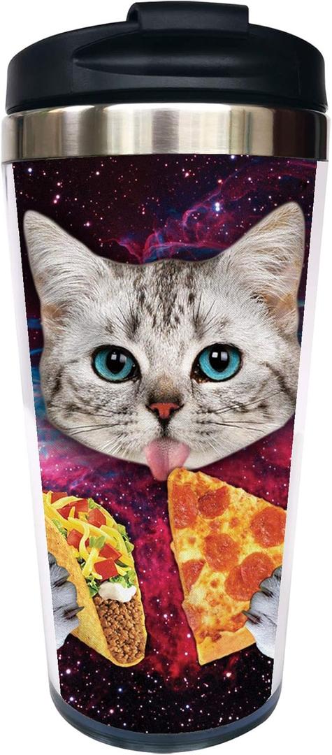 Funny Cute Galaxy Cat Pizza Travel Coffee Mug Insulated Tumbler with Wrap Lid and Stainless Lined for Women Men Birthday, 14 OZ