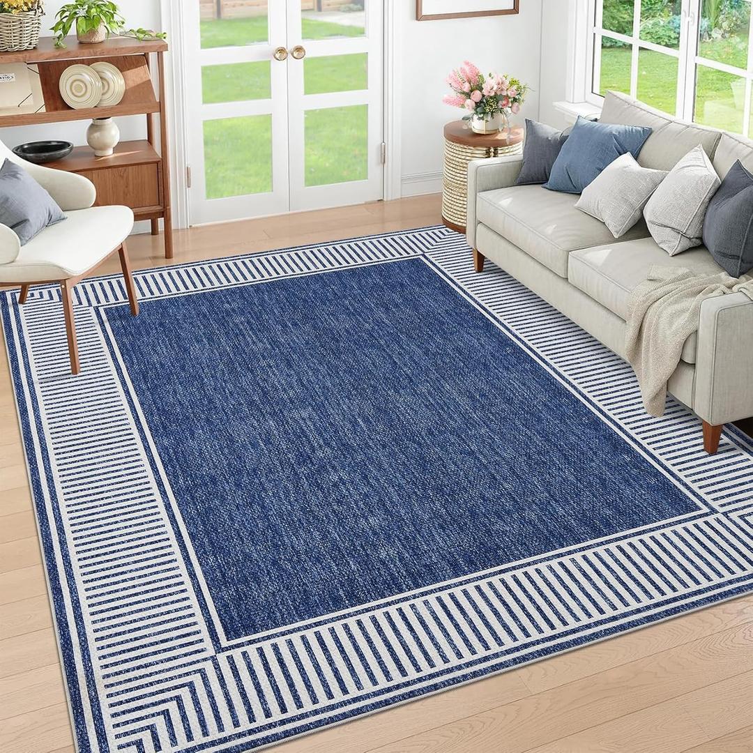 GarveeHome Bordered Rug 4x6 Washable Rug for Living Room Modern Striped Border Area Rug Non Slip Low Pile Dining Room Throw Carpet Contemporary Carpet for Entryway Kitchen Nursery, Blue