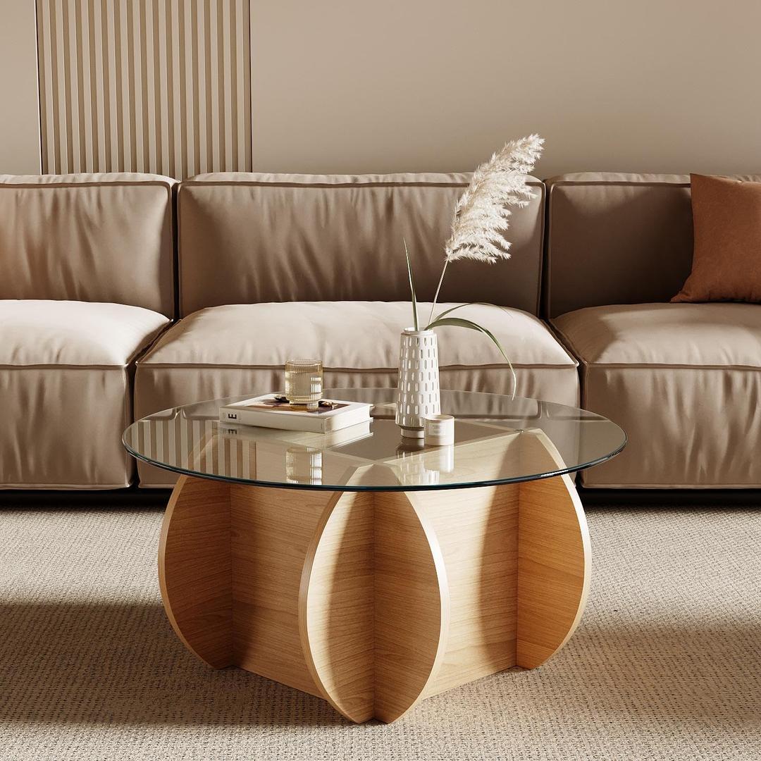 Honyee Round Glass Coffee Table, 30.7" Small Coffee Table with Tempered Glass Top and Wood Grain Base, Modern Circle Coffee Table for Living Room, Easy Assembly, Natural (30.7*30.7*15.4 inch)