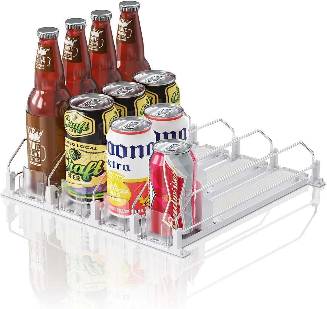 Drink Organizer for Mini Fridge (Fits Depth ≥ 12.2"), 12oz 16oz 20oz Soda Can Dispenser, Width Adjustable Automatic Pusher Glide, 12.2" D 4ROW Holds 16 Cans, White