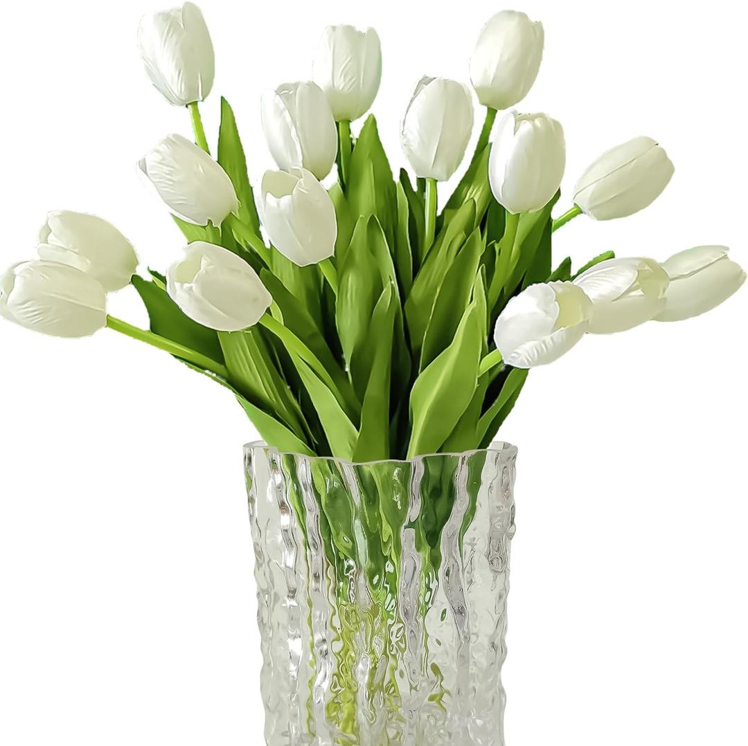 12pcs White Artificial Tulips Silk Faux Flowers Real Touch for Wedding Bouquet, Home Decor, Party Centerpiece, Table Decor, Mother's Day Easter Spring Gifts