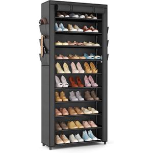 VTRIN Vertical Narrow Shoe Rack Organizer Tall Shoe Rack for Closet Entryway 10 Tier Non-Woven Cover Shoe Shelf Holds 36-41 Pairs Free Standing Shoe Storage Cabinet with Dustproof Cover, Black