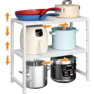 2-Tier Expandable Kitchen Storage Shelf,150LBS Heavy Duty Metal Shelving Units For Small Appliance,Adjustable Pots and Pans Organizer Rack Shelves For Kitchen Counter Under Cabinet Garage Pantry,White