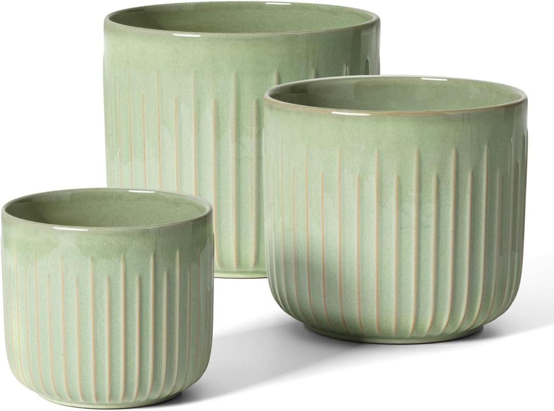 LE TAUCI Fluted Ceramic Planters Set of 3  8.3/7 / 5.7 in Sage Green Reactive Cylinder Indoor Plant Pots with Drainage Plug & Mesh, Glossy Stoneware Flower Pots for Succulents Herbs