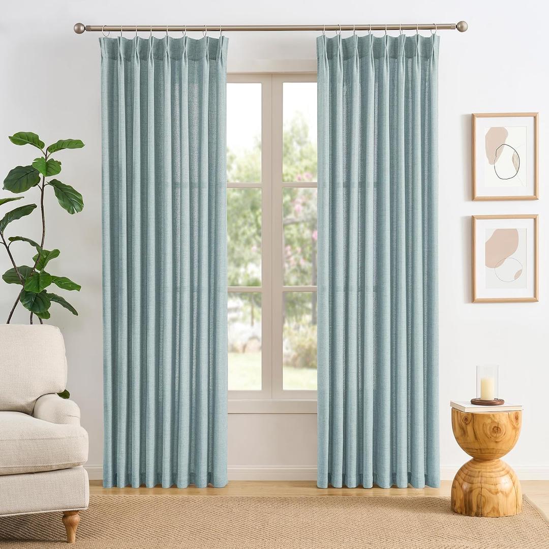 Light Blue Linen Pinch Pleat Curtains 105 Inches Long 50 Wide Per Panel Pleated Semi Sheer Textured Drapes Hooks Back Tab Coastal Modern Light Filtering Curtain 2 Panels Set