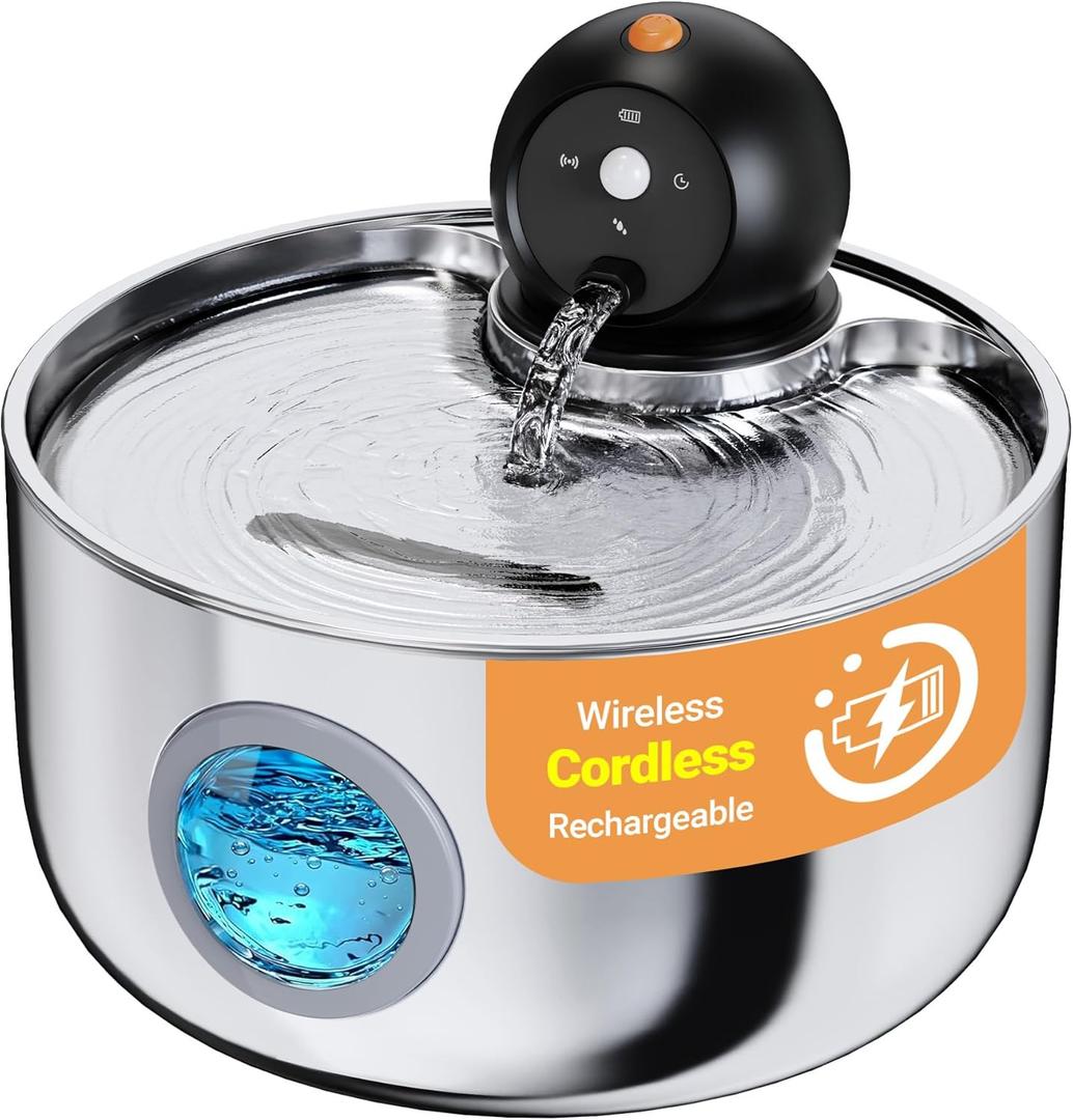 Wireless Cat Water Fountain Cordless: Stainless Steel Cat Fountains for Drinking - 88oz/2.6L Battery Operated Pet Water Fountain Indoor with Motion Sensor - Rechargeable Automatic Water Dispenser